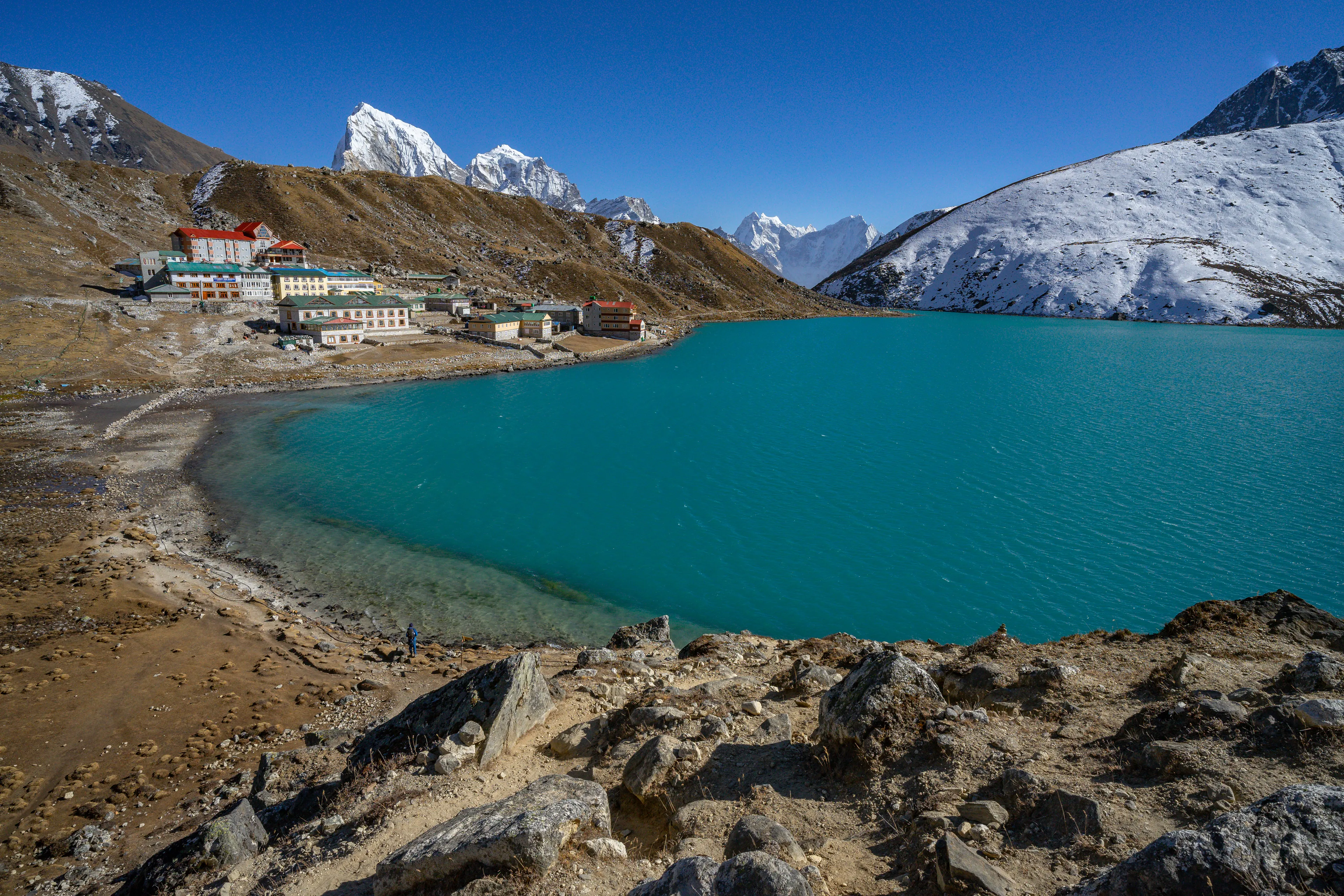 The lakeside settlement of Gokyo nestles at 4,750 meters beside Dudh Pokhari